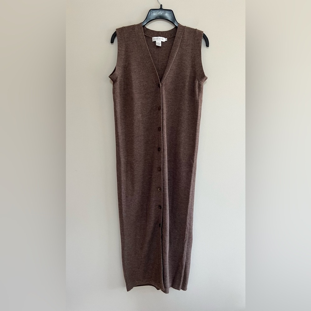 TWEEDS Merino Wool Knit Button Down Sleeveless Maxi Dress Duster Brown, Medium